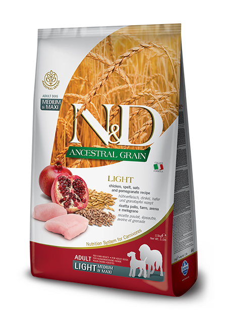 N&D Ancestral Grain canine - Chicken & Pomegranate Light Medium & Maxi-01