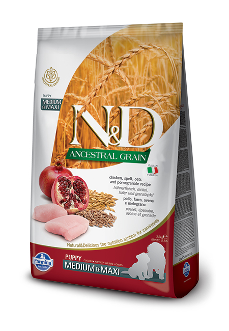 N&D Ancestral Grain canine - Chicken & Pomegranate Puppy Medium & Maxi-01